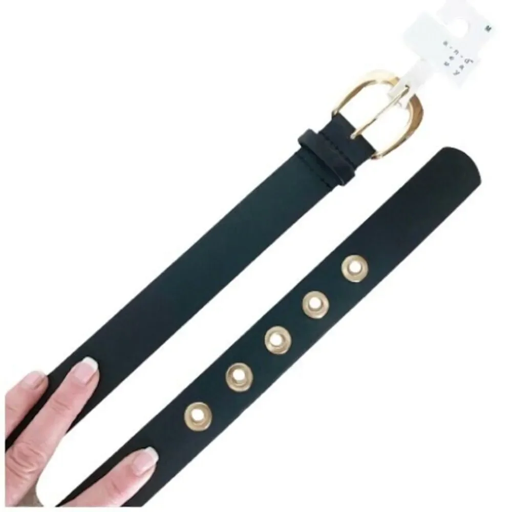 A New Day M Black Belt NEW Faux Vegan Leather Gold Buckle + Grommets Punk Edgy